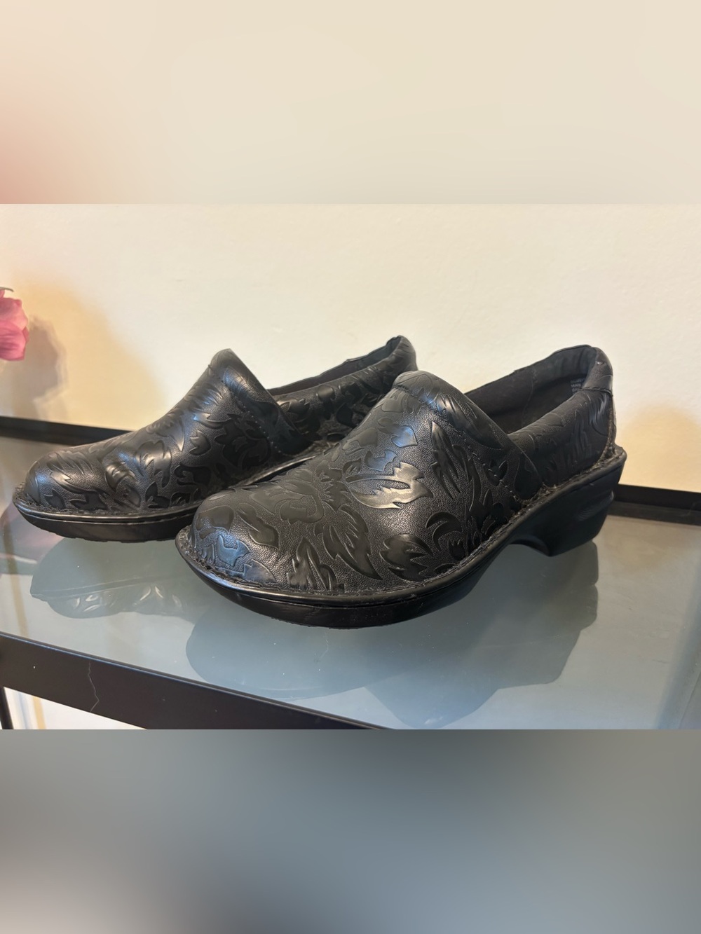 boc Black Floral-Embossed Leather Clogs